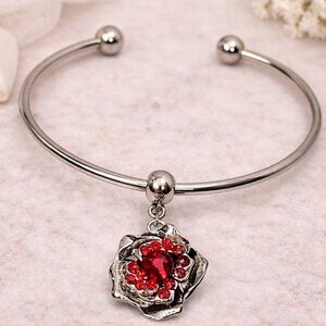Silver Rhinestone Flower Snap Charm Cuff Bracelet Ruby Red Crystal